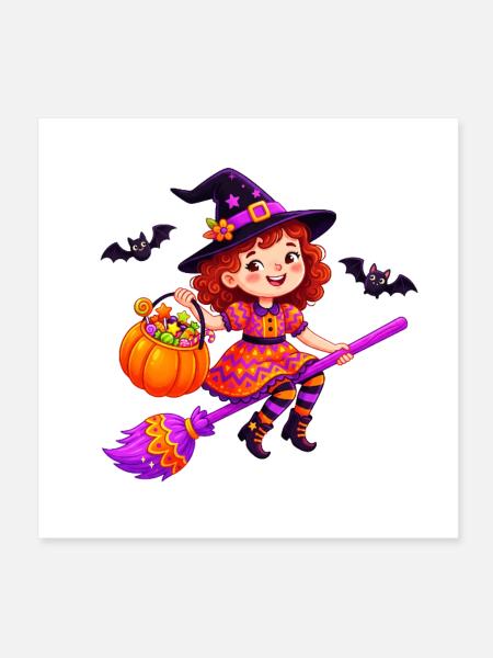 Süße Halloween-Hexe auf dem Besen - Poster 20x20 cm - Weiß - Vorne