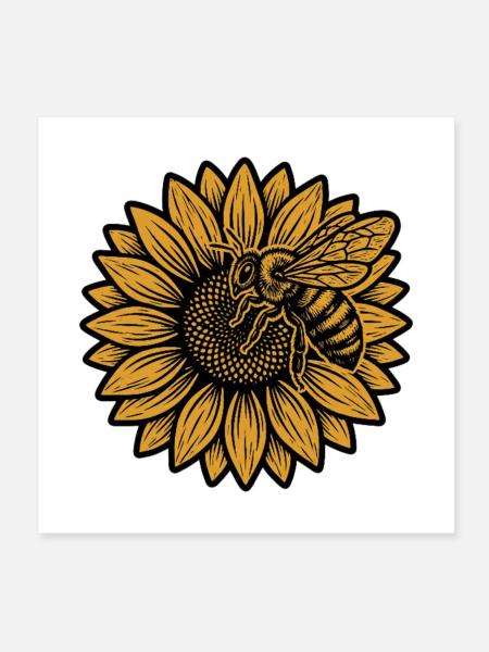 Biene auf Sonnenblume – Vintage Imker & Natur - Poster 20x20 cm - Weiß