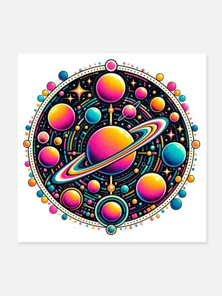 Kosmische Planeten Neon - Poster 20x20 cm - Weiß