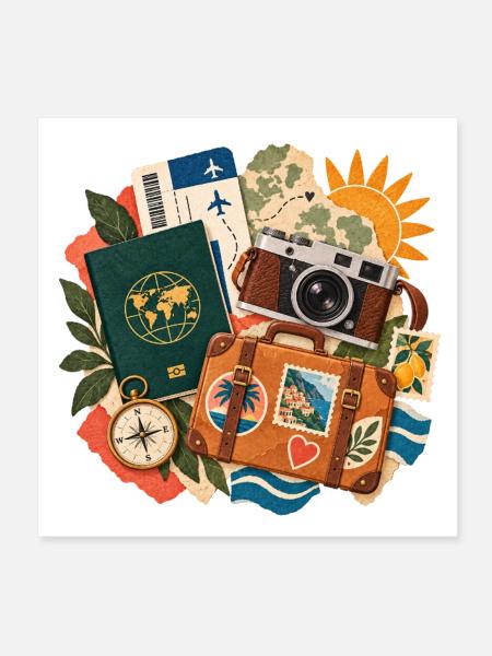 Wanderlust Collage Kamera Koffer - Poster 20x20 cm - Weiß - Vorne