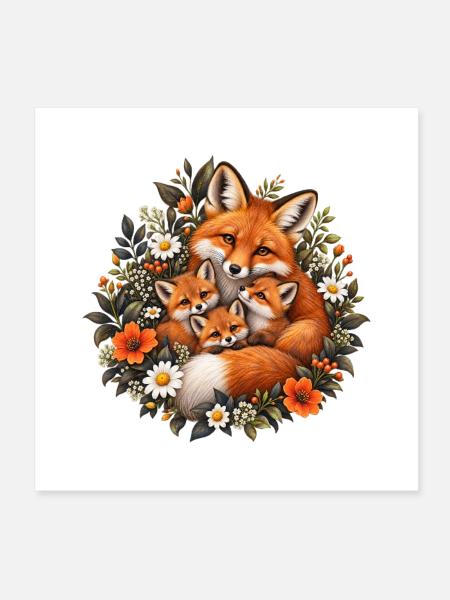 Süßer Fuchs Mit Seinen Fuchs-Babys - Poster 20x20 cm - Weiß