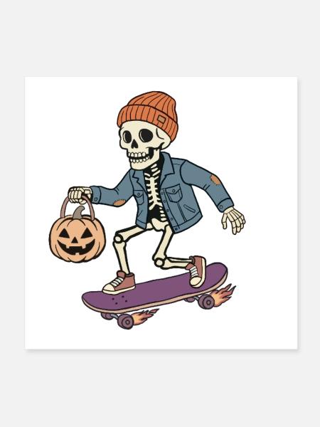 Skelett auf einem Skateboard – Halloween - Poster 20x20 cm - Weiß - Vorne