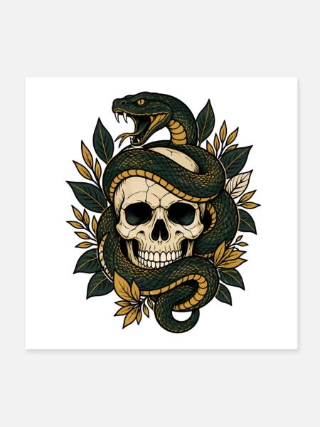 Totenkopf Schlange Blätter Gothic Skull Shirt - Poster 20x20 cm - Weiß - Vorne