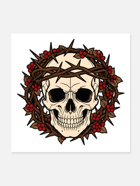 Totenkopf Dornenkronen Beeren Gothic Skull Shirt - Poster 20x20 cm - Weiß - Vorne