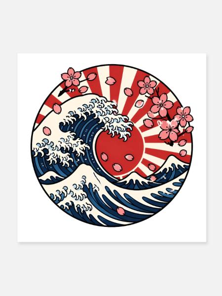 Große Welle Sonne Sakura Japan Kunst Vektor Shirt - Poster 20x20 cm - Weiß - Vorne
