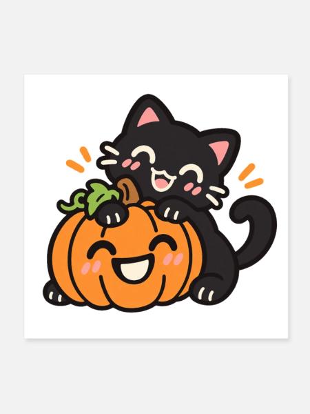 Süße schwarze Katze mit Halloween Kürbis - Poster 20x20 cm - Weiß - Vorne