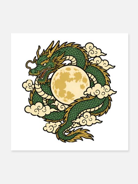Drache Vollmond Wolken Asien Mythologie Shirt - Poster 20x20 cm - Weiß - Vorne