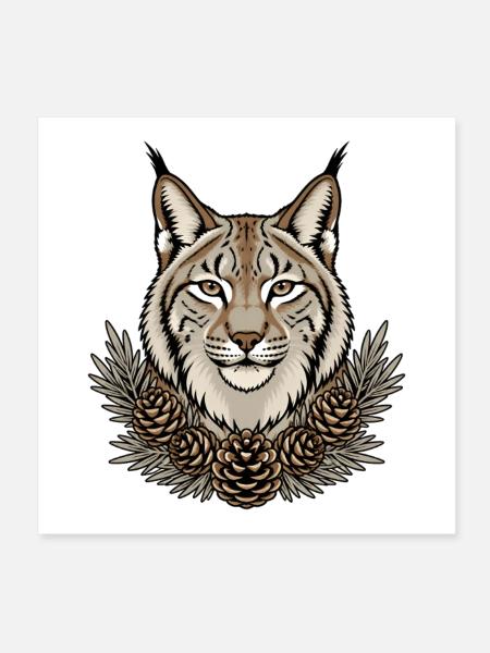 Luchs Portrait Pinselohren Tannenzapfen Shirt - Poster 20x20 cm - Weiß - Vorne