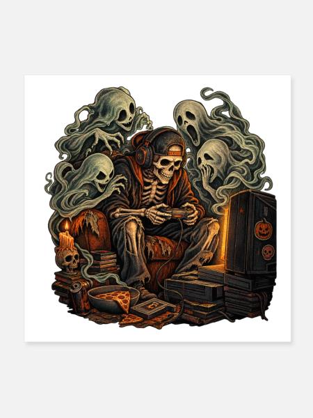 Gruseliger Gamer Skelett Halloween - Poster 20x20 cm - Weiß