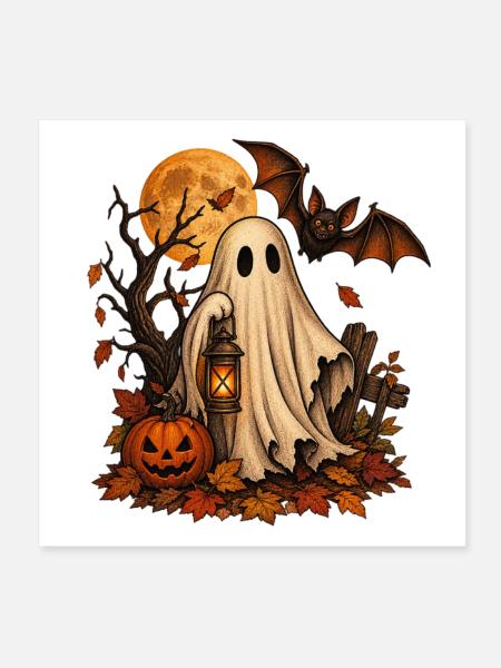 Vintage Halloween: Geist, Kürbis und Fledermaus - Poster 20x20 cm - Weiß