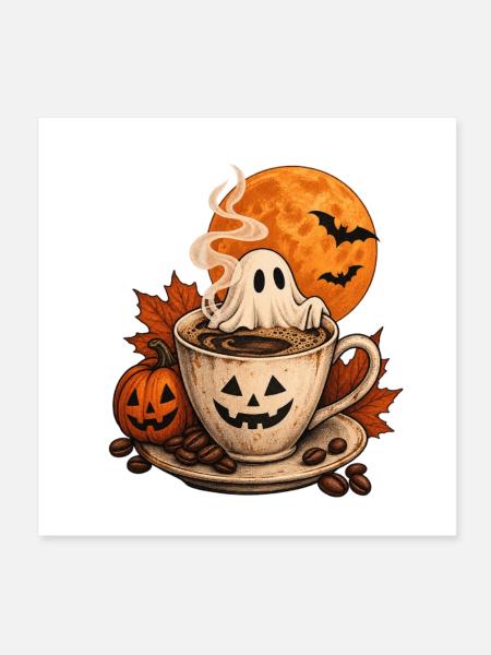 Halloween-Kaffee mit Spuk und Kürbiszauber - Poster 20x20 cm - Weiß