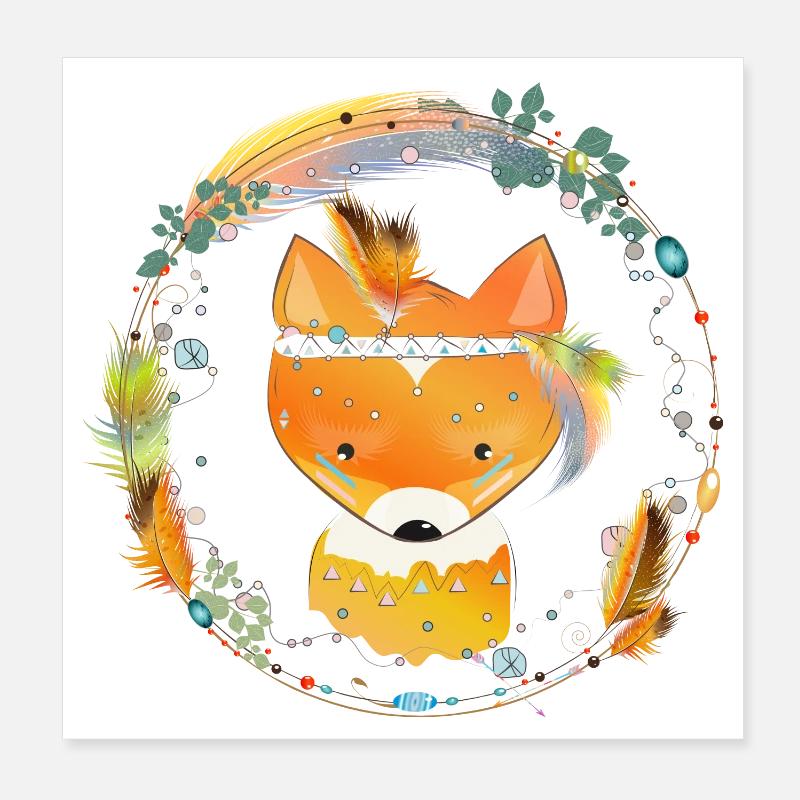 small fox with feather decoration in ethno frame Poster 8" x 8" (20x20 cm)