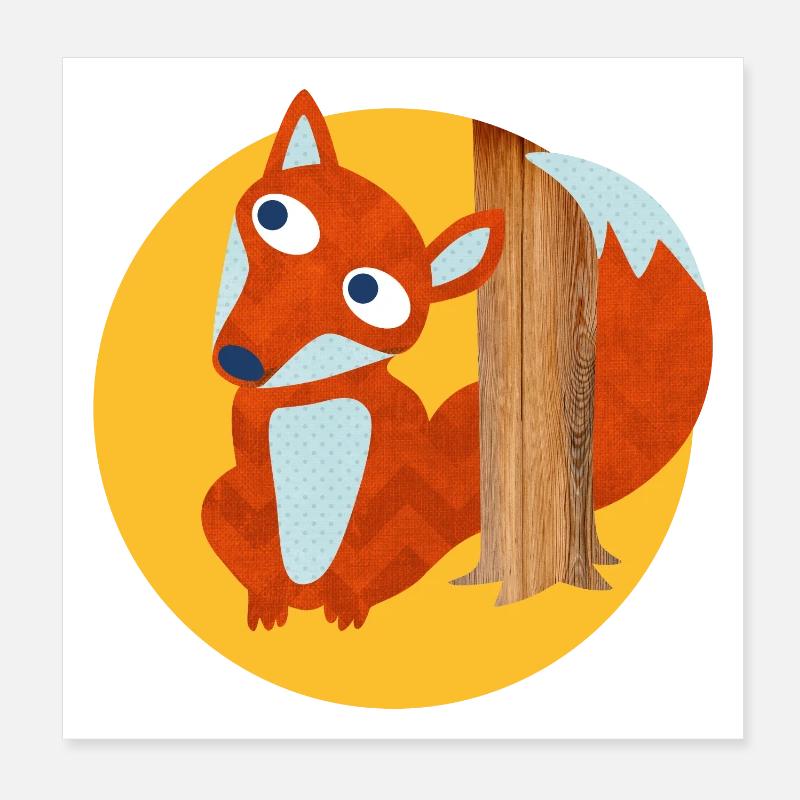 Fox Tree Trunk Forest Nursery Comic Animal Love Poster 8" x 8" (20x20 cm)