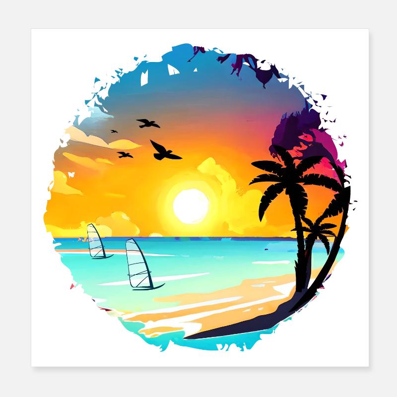 Aquarelle de plage de coucher de soleil d’été Poster 20 x 20 cm