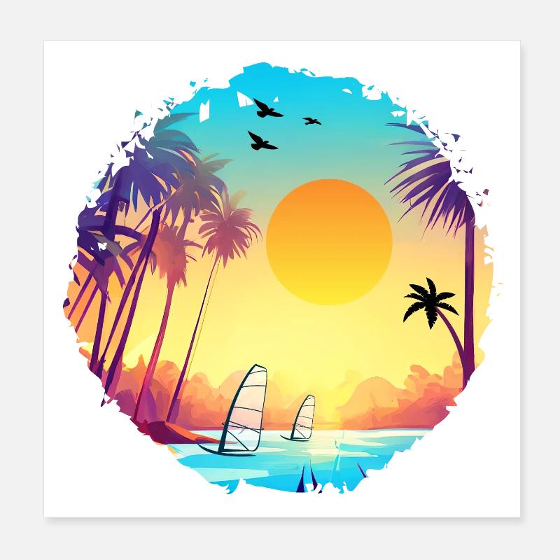 Aquarelle de plage de coucher de soleil d’été Poster 20 x 20 cm