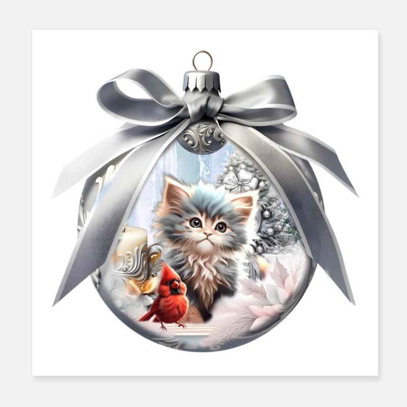 Petit chaton avec oiseau. Poster 20 x 20 cm