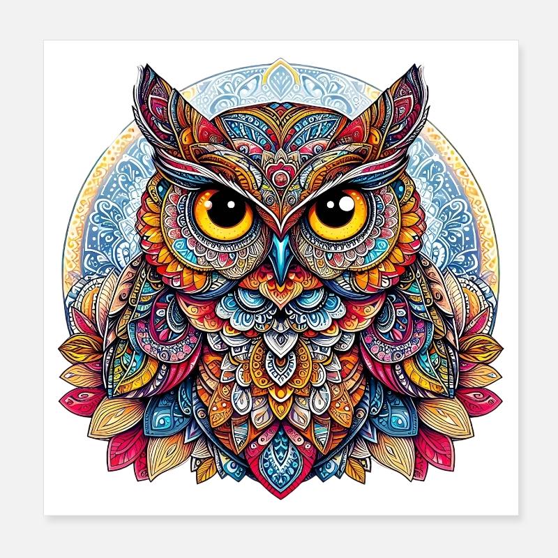 Hibou décoré de Mandalas Poster 20 x 20 cm