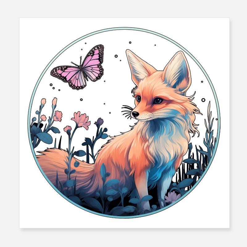 Renard avec papillon Poster 20 x 20 cm