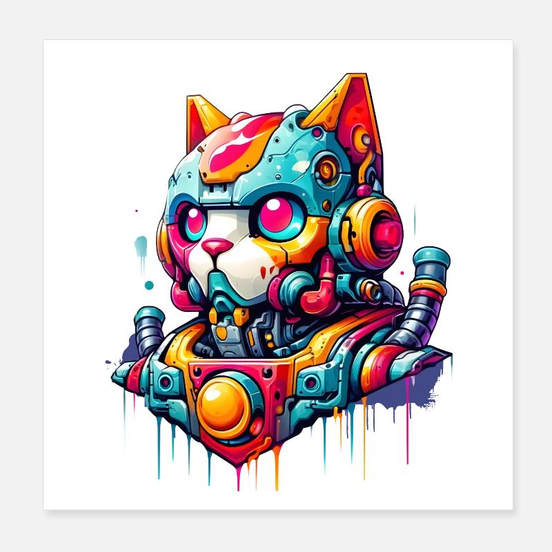 Katze gestaltet als Roboter im Comic Graffiti Stil Poster 20x20 cm