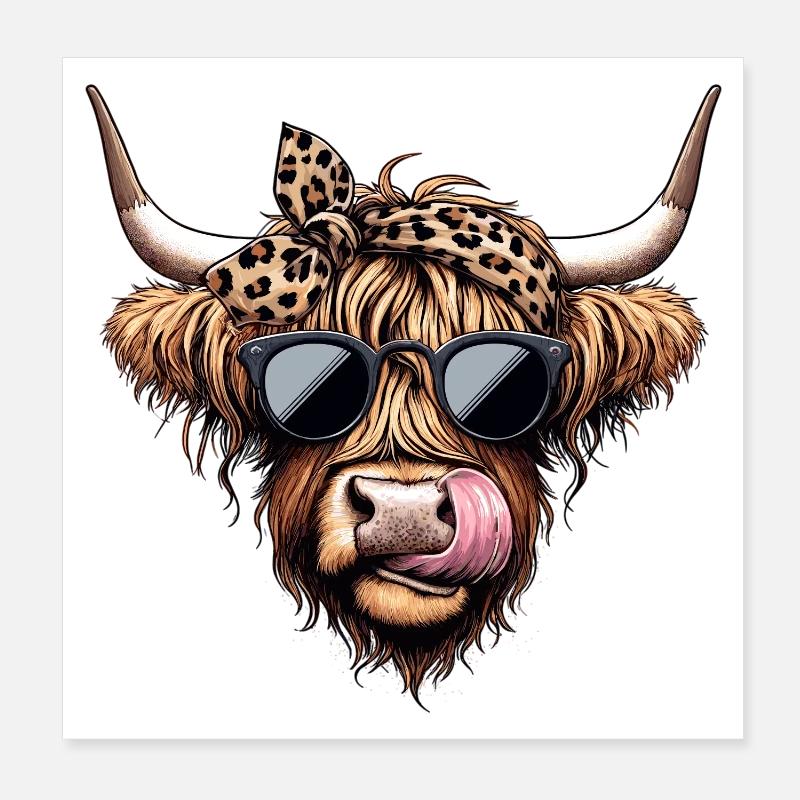 Rockabilly Highland Beef - Stylish and Cool Poster 8" x 8" (20x20 cm)