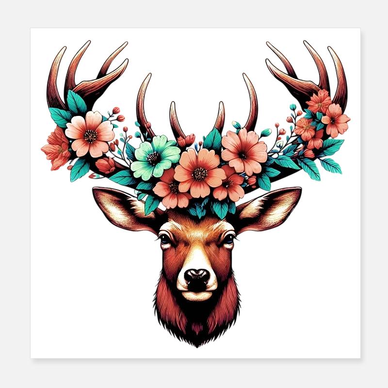 Cerf avec des fleurs Poster 20 x 20 cm