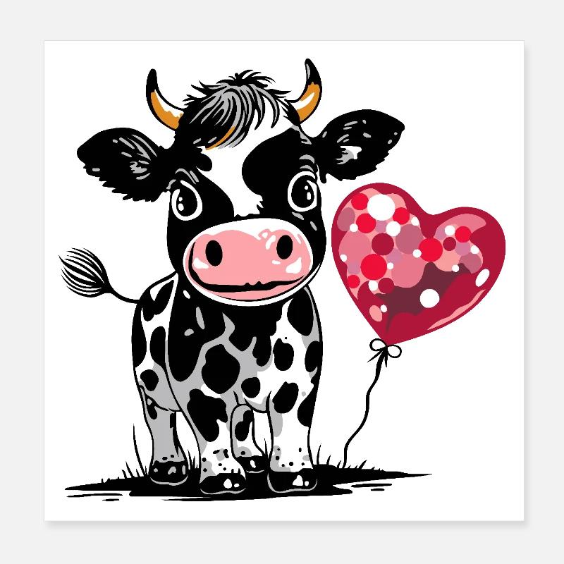 Süßes Kälbchen mit Herzballon - Kuh Kalb Poster 20x20 cm