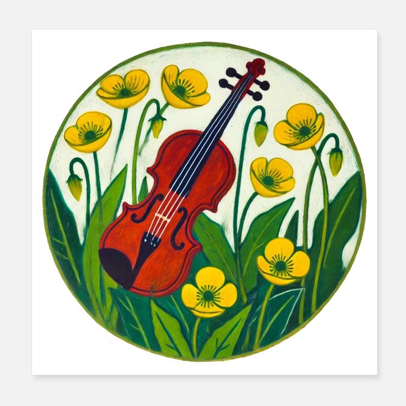 Vivid Violin Amidst Sunflowers Poster 8" x 8" (20x20 cm)