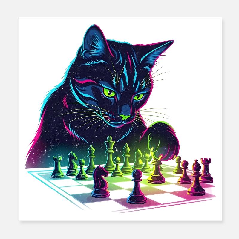 Neon Schwarzer Katzen-Schach-Design Poster 20x20 cm