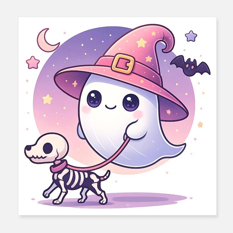 Pink Witch Ghost with Skeleton Dog – Halloween Poster 8" x 8" (20x20 cm)