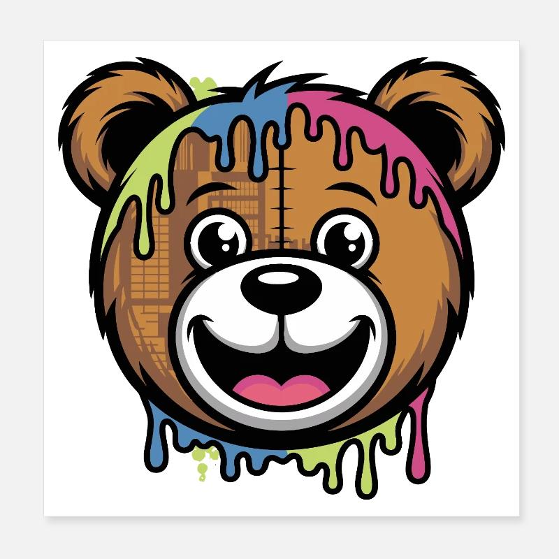  Bunter Tropfender Teddybär Kopf Kawaii Regenbogen Poster 20x20 cm