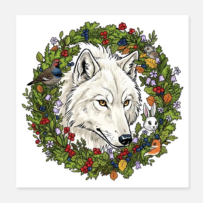 Loup blanc de la forêt dans une couronne de fleurs Poster 20 x 20 cm