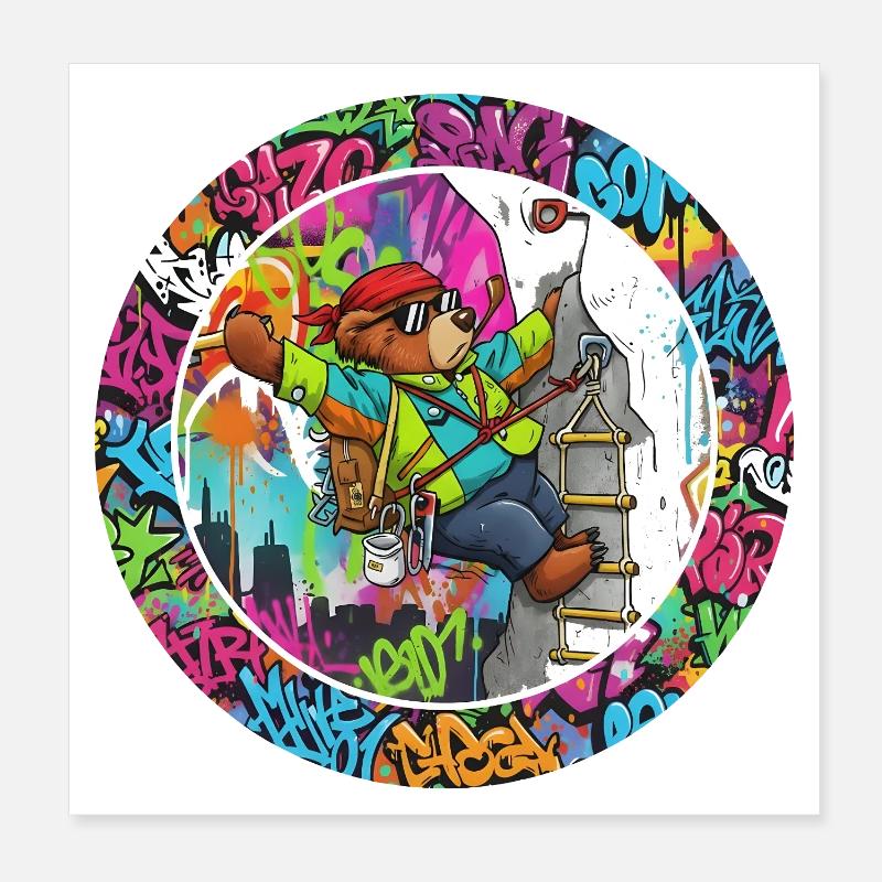 Graffiti Bär am Kletterturm - Poster 20x20 cm - Weiß