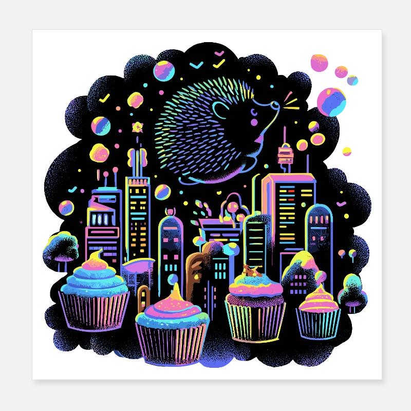 Neon Cupcake Stadt Igel Poster 20x20 cm