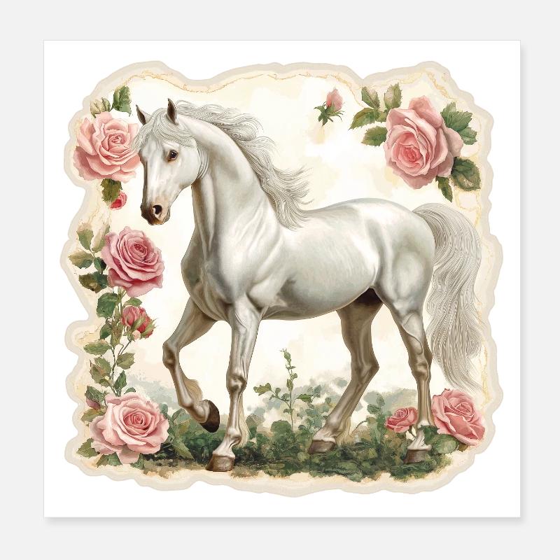 Pferd Vintage Blumen - Poster 20x20 cm - Weiß