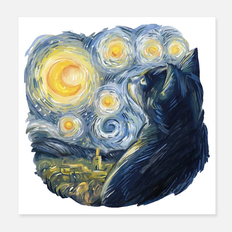 Starry Night Style Cat Van Gogh Poster 8" x 8" (20x20 cm)