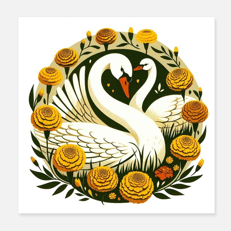 Cercle du cygne dans la flore dorée Poster 20 x 20 cm