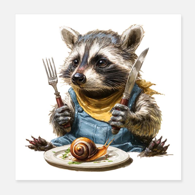 Chef raton laveur avec fourchette et couteau Poster 20 x 20 cm