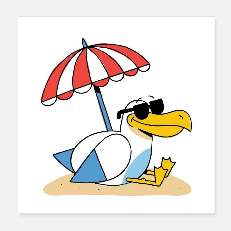Sunny Beach Seagull with Umbrella Poster 8" x 8" (20x20 cm)