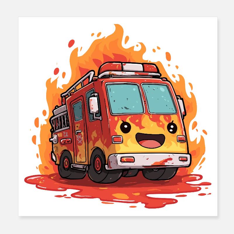 Flammes du camion de pompiers de Kawaii Poster 20 x 20 cm