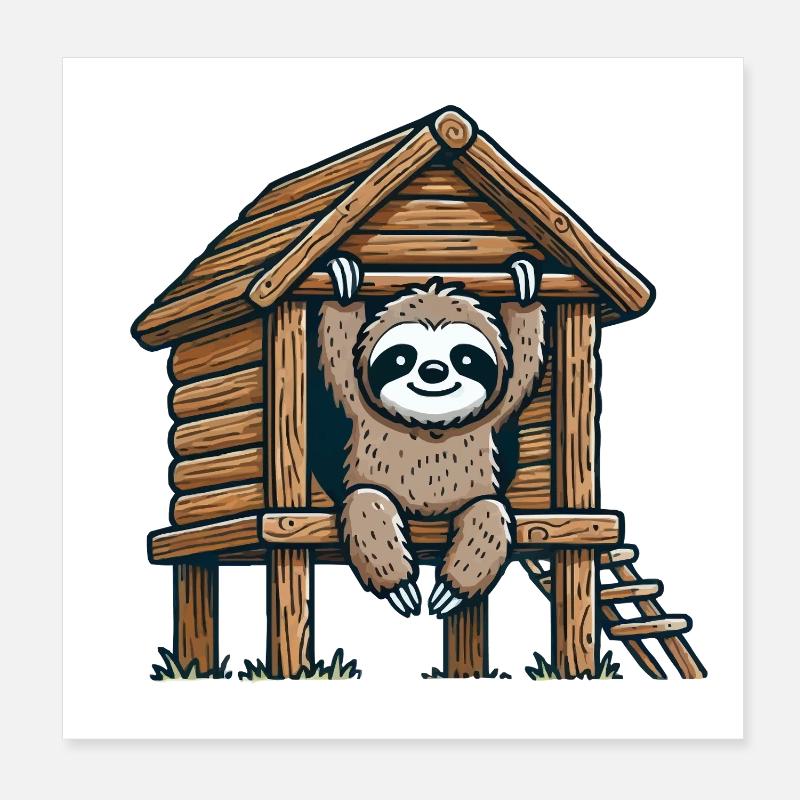 Sloth in Treehouse Illustration Poster 8" x 8" (20x20 cm)