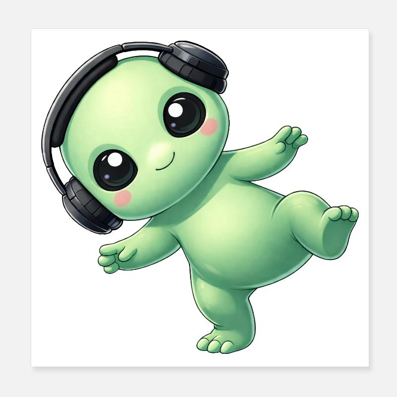 Alien Alien with Headphones Techno Dancing Poster 8" x 8" (20x20 cm)