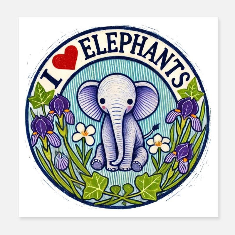 Cercle floral J’adore les éléphants Poster 20 x 20 cm