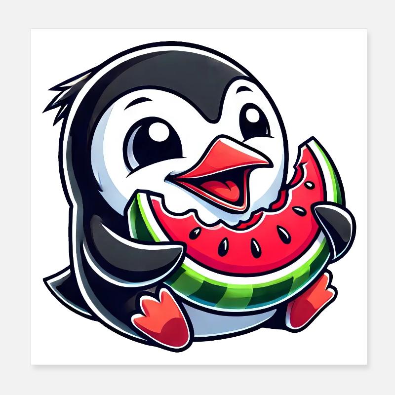 Pinguin mit Wassermelone Sommerfrucht Poster 20x20 cm