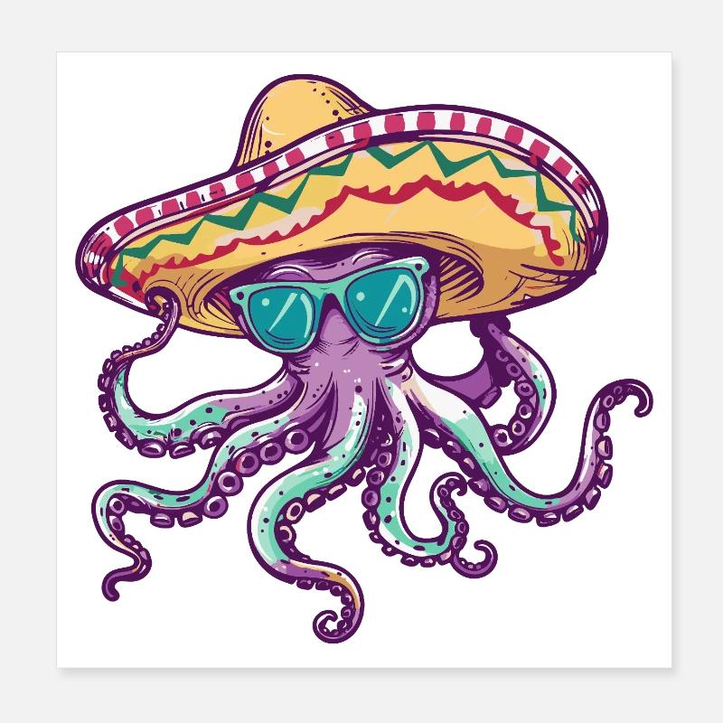 Octopus Funny Sombrero Poster 8" x 8" (20x20 cm)