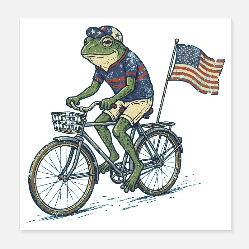 Funny Frog Riding Bicycle with American Flag Poster 8" x 8" (20x20 cm)