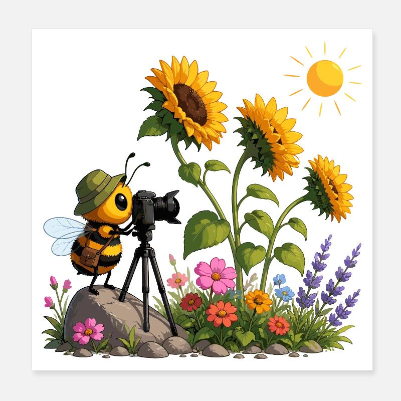Bee films sunflowers Poster 8" x 8" (20x20 cm)