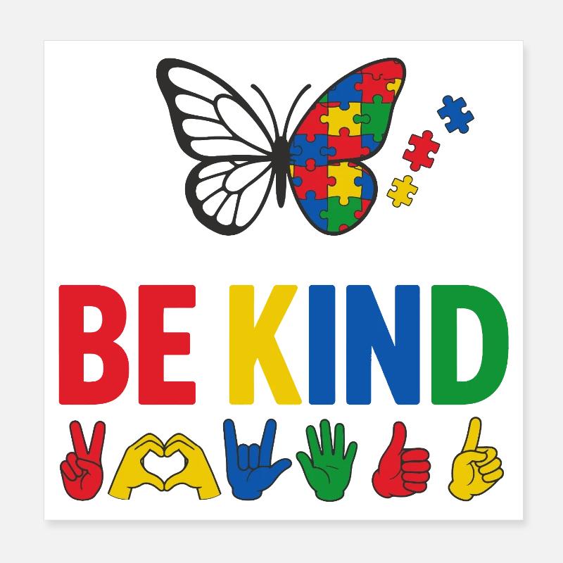 Sensibilisation Autisme Be Kind | Papillon Coloré Poster 20 x 20 cm