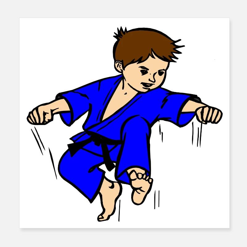 Blauer Anzug Karatekind oder Judokind mit schwarzem Gürtel Poster 20x20 cm