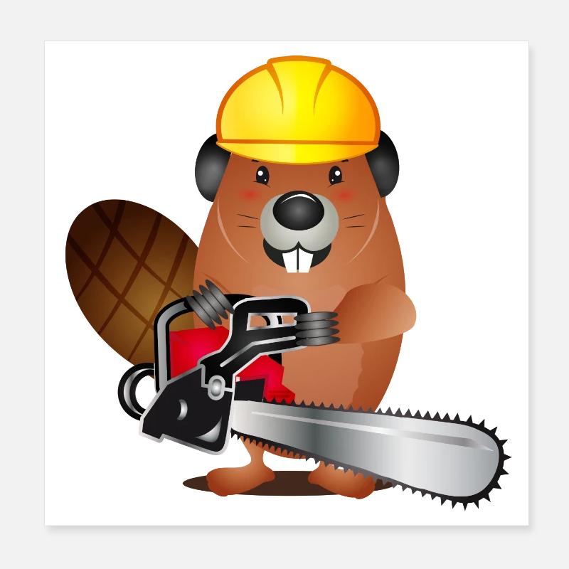 mignon castor avec une tronçonneuse et un casque de protection Poster 20 x 20 cm