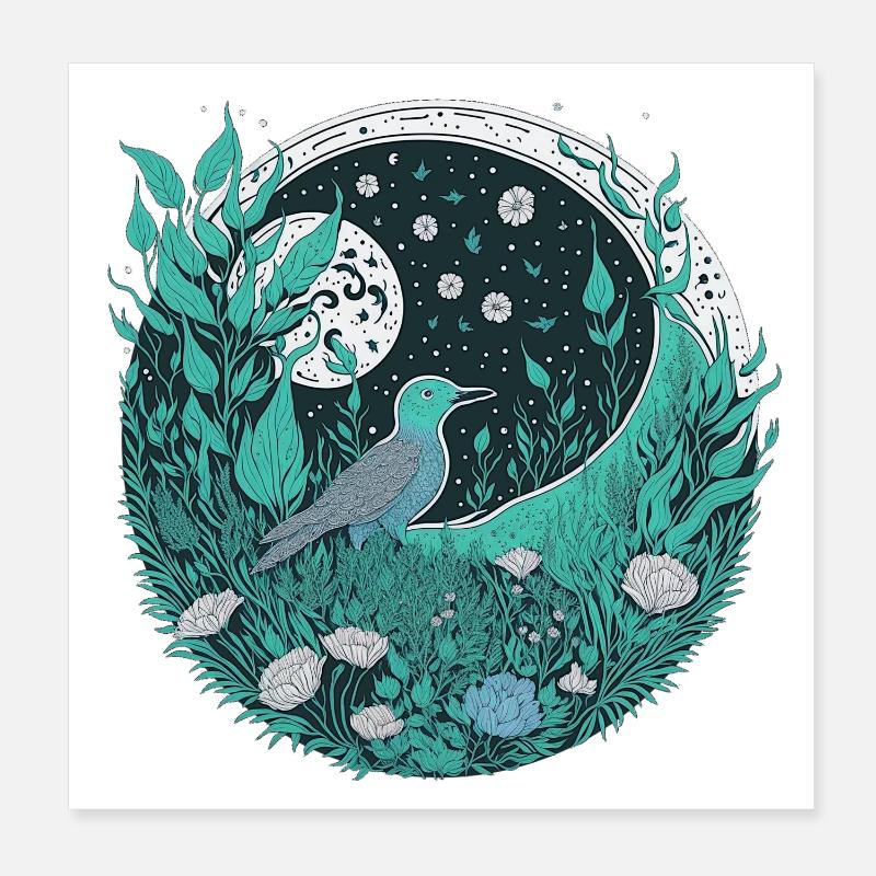 Oiseau avec lune Poster 20 x 20 cm